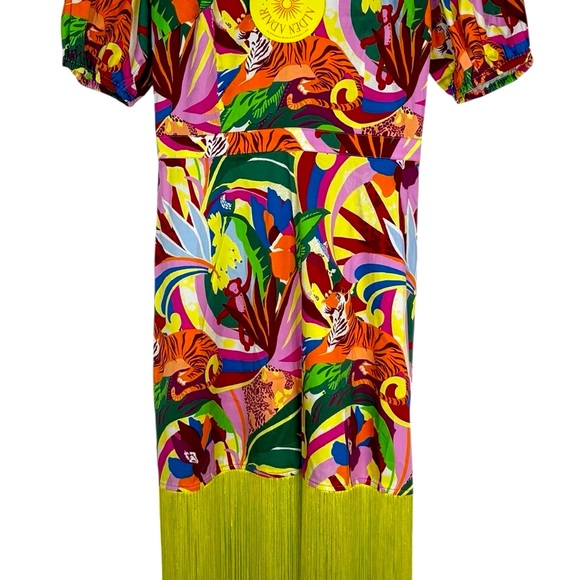 NWT Alden Adair Womens Louisa Rainforest Balloon Sleeve Midi Fringe Dress Sz XS‎ - Picture 11 of 13